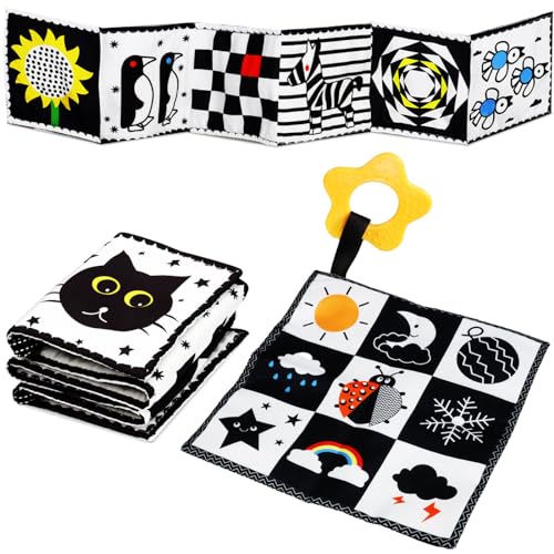 Jiosdo Baby Spielzeug 0-3 Monate, Schwarz Weiss Kontrast Spielzeug Baby Stoffbuch Knistertuch, Kontrastbuch Kinderwagen Geschenksets Babyspielzeug 0 3 6 12 Monate(2PCS) von Jiosdo