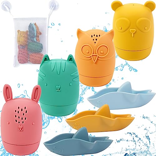 Jiosdo Badespielzeug Baby - Badewannenspielzeug - 8er Set Badetiere für Babys und Kleinkinder, mit Aufbewahrung, Badequetschies Wasserspielzeug Kinder, Quetschtiere mit Öffnungen aus BPA-frei Silikon von Jiosdo