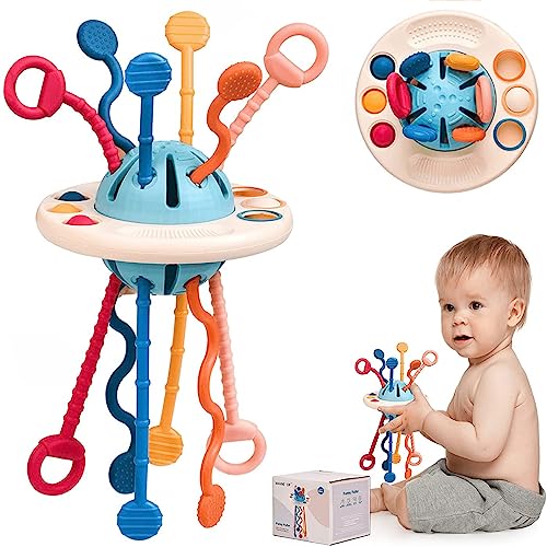 Jiosdo Montessori Spielzeug - UFO Silikon Zugschnur Zahn Sensorik Spielzeug, Baby Spielzeug 6 Monate Motorikspielzeug ab 6 Monate Montessori Spielzeug Baby Reise Spielzeug Geschenke für Baby von Jiosdo
