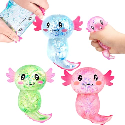 3 Stück Axolotl Squeeze Stress Spielzeug, Glitzernde Axolotl Antistress Spielzeug Squishy, Axolotl Stress Squeeze Spielzeug, Axolotl Squeeze Toy, für Kinder Erwachsener (Grün, Blau, Pink) von Jiounie