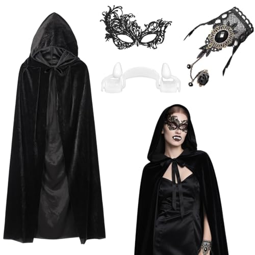 Jiounie 4er Schwarzer Umhang mit Kapuze Set, 140CM Schwarzer Umhang mit Kapuze & Maske & Finger Kette & Zahnersatz, Halloween Kostüm Vampir Umhang set für Halloween Karneval Cosplay Party Maskerade Jiounie 4er Schwarzer Umhang mit Kapuze Set, 140CM Schwarzer Umhang mit Kapuze & Maske & Finger Kette & Zahnersatz, Halloween Kostüm Vampir Umhang set für Halloween Karneval Cosplay Party Maskerade von Jiounie