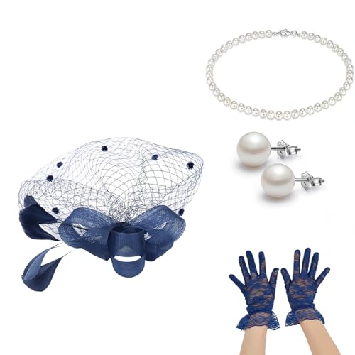 Hüte für Frauen, Schleife, Zylinderhut für Teeparty, Cocktail, Hochzeit, Kirche, Spitzenhandschuhe, Ohrringe, Halskette, 4-teiliges Set, Festival-Outfit (Marineblau, Einheitsgröße) von Jipersuo