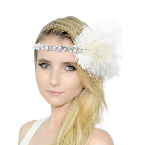 Jipersuo Damen-Kopfbedeckung, Feder-Kopfbedeckung, Party, Tanz, Nachmittagstee, Hochzeit, Kopfbedeckung, Karnevals-Zubehör (Weiß, Einheitsgröße) von Jipersuo
