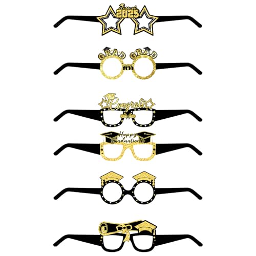 Jiqoe 6 Stück stilvolle Abschluss-Brillen Schwarz Gold Themed Graduation Brille 2025 Photo Booth Requisiten Party Supplies von Jiqoe