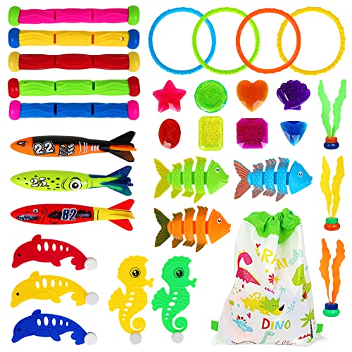 Jirmerp 33 Stück Tauchen Spielzeug Unterwasser,Tauchspielzeug Set für Kinder mit Rucksack mit Kordelzug, Hai, Delfine, Algen, Schmuck usw von Jirmerp