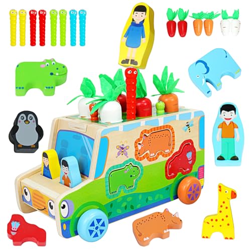 Jirmerp Montessori Spielzeugab 1 Jahr,7 In 1 Holzspielzeug Lernspielzeug Holzwagen Spielzeug Motorikspielzeug Stapelspielzeug Lernspielzeug für Kinder Geburtstagsgeschenk von Jirmerp