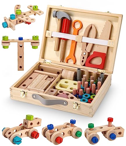 Spielzeug ab 3 Jahre Junge,Holzspielzeug, Werkzeugkisten aus Holz, Geschenkspielzeug für Kinder im Alter von 3 4 5 6 7 8 Jahren（54pcs） von Jissta