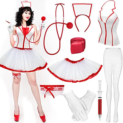9 Stück Halloween Krankenschwester Kostüm für Frauen Feier Damen Frisky Krankenschwester Zubehör Set Hut Nadel Zylinder Stethoskop Gürtel Strumpfbänder Strumpf für Cosplay 9 Stück Halloween Krankenschwester Kostüm für Frauen Feier Damen Frisky Krankenschwester Zubehör Set Hut Nadel Zylinder Stethoskop Gürtel Strumpfbänder Strumpf für Cosplay von Jiuguva