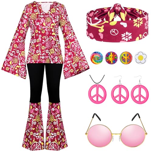 Jiuguva 17-teiliges Hippie-Kostüm-Set für Damen, 60er- und 70er-Jahre-Kostüm, Disco-Outfit (elegant, XXXL) von Jiuguva