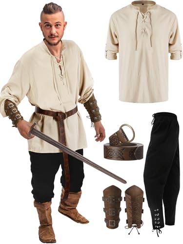 Jiuguva 4-teiliges Halloween-Renaissance-Kostüm-Set für Herren, Mittelalterliches Piratenhemd, Knöchel, gebänderte Hose, Wikinger-Gürtel, Zubehör (klassische Farbe, groß) von Jiuguva