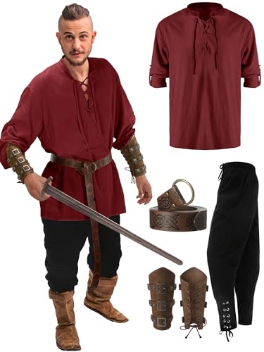 Jiuguva Halloween-Kostüm-Set für Herren, Renaissance-Kostüm-Set, mittelalterliches Piratenhemd, Knöchelhose, Wikingergürtel, Zubehör (frische Farbe, Größe XL) von Jiuguva