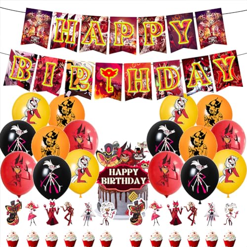Hazbin Hotel Party Supplies Geburtstag Party Dekoration Set, Anime Cartoon Alastor Geburtstag Banner Luftballons Kuchen Cupcake Topper Dekorationen Supplies für Fans von Jiumaocleu