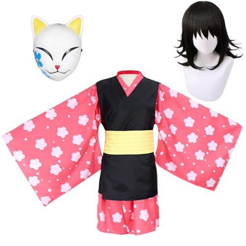 Jiumaocleu Anime Makomo Cosplay Sabito Kostüm | Anime Sabito Kimono und Makomo Maske für Halloween Karneval Komplettes Set Kleidung Requisiten von Jiumaocleu