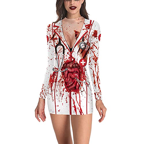Jiumaocleu Damen Zombie Krankenschwester Cosplay Kostüm Horror Blutige Krankenhaus Krankenschwester Uniform Kleid Halloween Party Kostüm für Frauen und Mädchen von Jiumaocleu