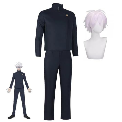 Jiumaocleu Gojo Satoru Cosplay Kostüm, Gojo Satoru Kostüm Anime High School Uniform Jacke Hose Brille Perücke für Herren Halloween Weihnachten Karneval Party Dress Up von Jiumaocleu