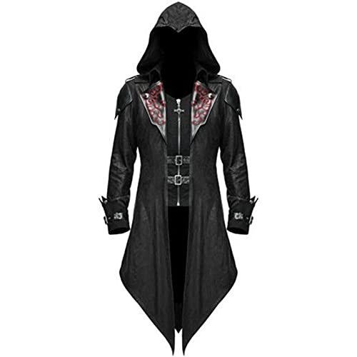 Jiumaocleu Herren Trenchcoat Gothic Kostüm Kapuzenjacke Mittelalterlicher Umhang Viktorianischer Frack Steampunk Mittelalterliche Halloween Maskerade Retro Spleißen Kostüm Mäntel-5XL von Jiumaocleu