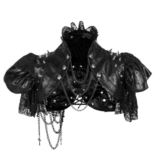Jiumaocleu Mittelalter Steampunk Damen Shrug Cape Spitze Nieten Schwarz Schal Schulter Jacke Vintage Gothic Kostüm für Halloween Party von Jiumaocleu