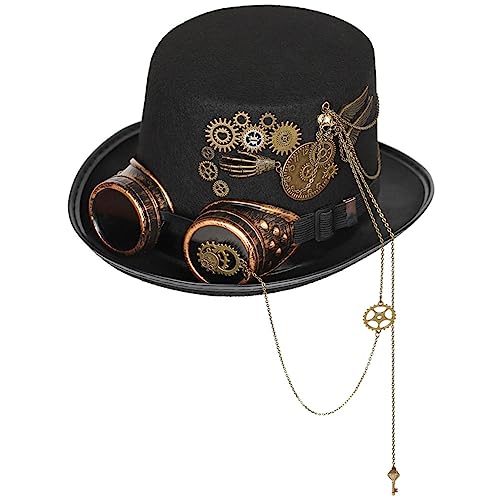 Mittelalterlicher Steampunk-Hut mit Brille und Zahnrädern, Vintage Punk Zylinderhut Gothic Kopfbedeckung Halloween Party Verkleidung Zubehör von Jiumaocleu
