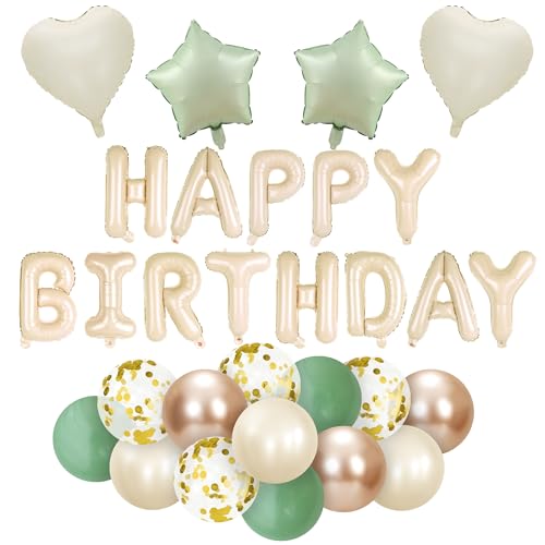 Salbeigrüne Geburtstagsdekoration, "Happy Birthday"-Banner, Beige-Gold-Luftballons, Herz-Stern-Folie, transparent, weiß, gepunktet, Luftballons für Damen, Mädchen, Jungen, Männer, Erwachsene Salbeigrüne Geburtstagsdekoration, "Happy Birthday"-Banner, Beige-Gold-Luftballons, Herz-Stern-Folie, transparent, weiß, gepunktet, Luftballons für Damen, Mädchen, Jungen, Männer, Erwachsene von Jiusely