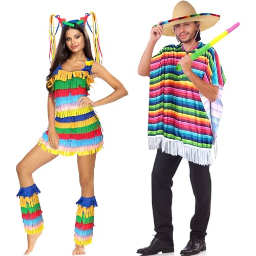 Jiytivity Mexikanisches Paar-Kostüm für Erwachsene, mexikanisches Kostüm, Pinata, Fiesta, Kleid für Paare, Cosplay, Cinco de Mayo, 7-teilig, Rot/Ausflug, einfarbig (Getaway Solids), M von Jiytivity