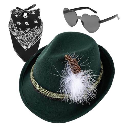 Jlkegfdf Deutsche Alpenhüte - Fedora Oktoberfest Hut 1set mit Kopftuch Brille Kunstleder | Vlies Deutscher Jägerhut Erwachsene Deutscher Bayerischer Hut für Erwachsene Cosplay von Jlkegfdf