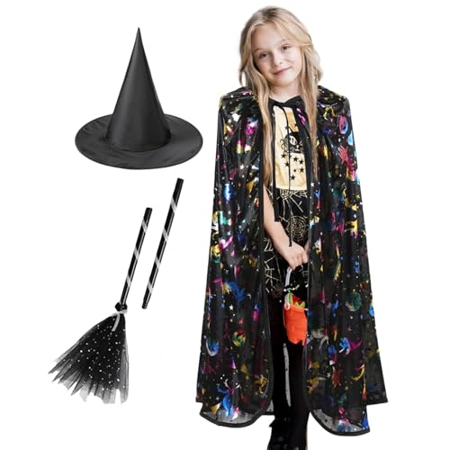 Jlobnyiun Halloween-Umhang für Kinder, 3 x schwarzer Hexenhut und Umhang für Kinder, exquisiter Druck, Kinderkleidung zum Binden für das tägliche Rollenspiel Jlobnyiun Halloween-Umhang für Kinder, 3 x schwarzer Hexenhut und Umhang für Kinder, exquisiter Druck, Kinderkleidung zum Binden für das tägliche Rollenspiel von Jlobnyiun