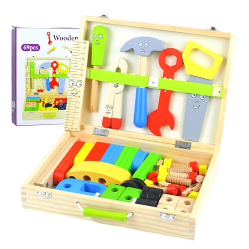 Werkzeugtasche für Kinder, Werkzeug-Set aus Holz, 69-teiliges Cartoon-Werkzeug-Set, Lernwerkzeug für Kinder, Konstruktionsspielzeug, von Jlobnyiun