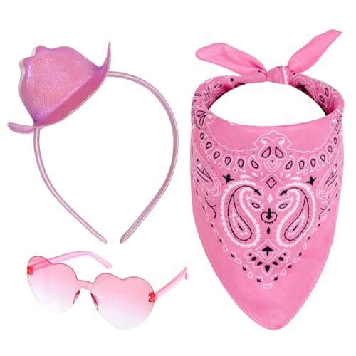 Jmkcoz Cowboyhut, Stirnband, Rosa, Mini-Cowgirl-Hut, Stirnband, Herz, Brille, Bandana für Damen, Halloween, Kostüm, Maskerade, Party (schimmernd) von Jmkcoz