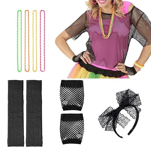 Joberio 80er-Jahre-Kostüme für Mädchen, 80er-Jahre-Outfit für Mädchen - 1980er Jahre Kostüm-Outfit für Damen - Abschlussball-Halsketten-Stirnband-Handschuh-Set, Abschlussball-Verkleidung für Mädchen, von Joberio