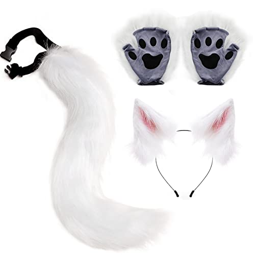 Kostüm Set, Kunstleder 3 Stück Wolf Foox Kostüm, Wolf Schwanz Clip Ohren Handschuhe, Hautfreundliches Wolf Ohren Schwanz Set, Eingebauter biegbarer Draht Wolf Kostüm Wolf Foox Schwanz für von Joberio
