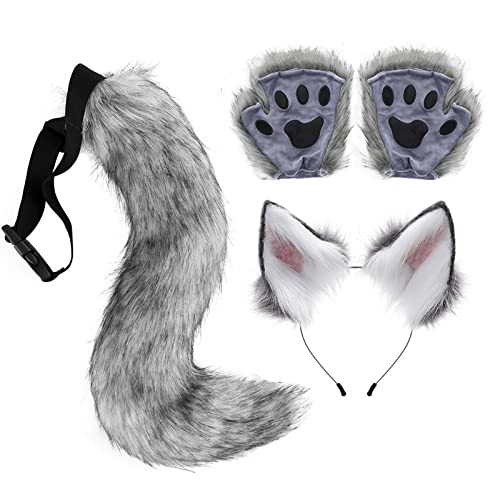 Werwolf Kostüm Set, Kunstleder 3 Stück Wolf Foox Kostüm, Wolf Schwanz Clip Ohren Handschuhe, Hautfreundliches Wolf Ohren Schwanz Set, Eingebauter biegbarer Draht Wolf Kostüm Wolf Foox Schwanz für von Joberio