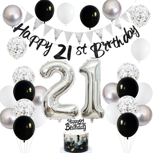 21 Geburtstag Deko Mann, Schwarz Deko 21. Geburtstag Frau, Tortendeko 21 Geburtstag, Luftballons 21. Geburtstag Banner Schwarz Silber Weiß Party Ballons für Geburtstagsdeko 21 Jahre Party Dekoration von Jobkoo