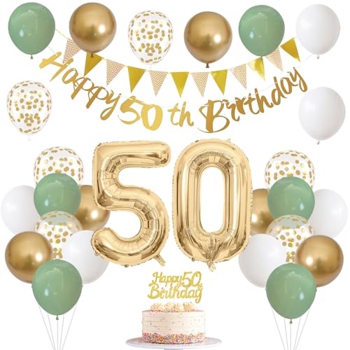 50 Geburtstag Deko Salbeigrüne Deko 50. Geburtstag Frau Mann mit Banner 50 Geburtstag Girlande Zahl 50 Luftballons Geburtstag Tortendeko Grün Weiß Gold Party Ballons für 50 Jahre Geburtstagsdeko von Jobkoo