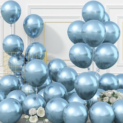 50 Stück Metallic Blau Luftballons, 10 Zoll Chrom Hellblau Helium Ballons Set, Glänzend Dickes Baby Pastell Blau Metallisch Latex Partyballons für Geburtstag Hochzeit Verlobung Babyparty Taufe Deko von Jobkoo