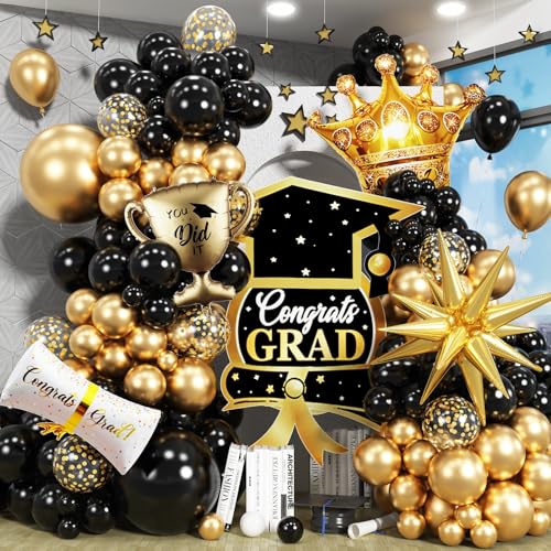 Abschlussdekorationen, Klasse 2025, Schwarz und Gold, Luftballons, Bogen-Set, 120 Stück, Glückwunsch-Ballon mit goldenen Konfetti-Ballons, Explosionsstern, Zertifikat, Trophäen, Krone, Folienballon von Jobkoo