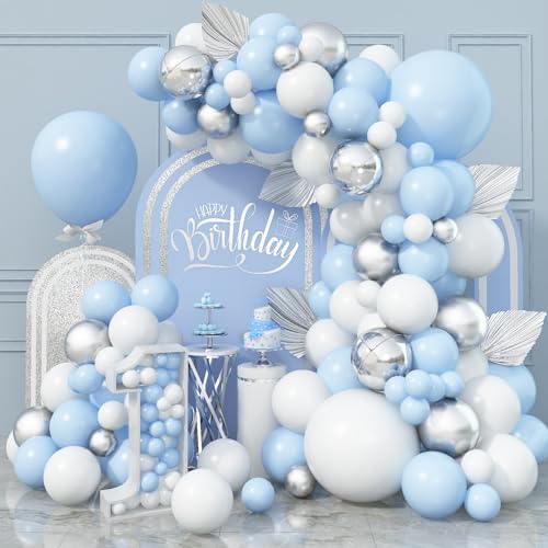 Ballon Girlande Blau, Luftballons Blau Weiss, Luftballon Girlande Blau Weiß mit 4D Silber Folienballons, Blau Silber Weiß Party Latex Ballons für Babyparty Junge Geburtstagsdeko Hochzeit Taufe Deko von Jobkoo