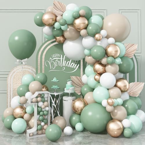 Ballon Girlande Grün, Salbeigrün Weiß Luftballon Girlande, Eukalyptus Avocado Grüne Gold Champagner Party Ballons Olive Sage Grün Beige Creme Latex Luftballons für Geburtstag Hochzeit Babyparty Deko von Jobkoo