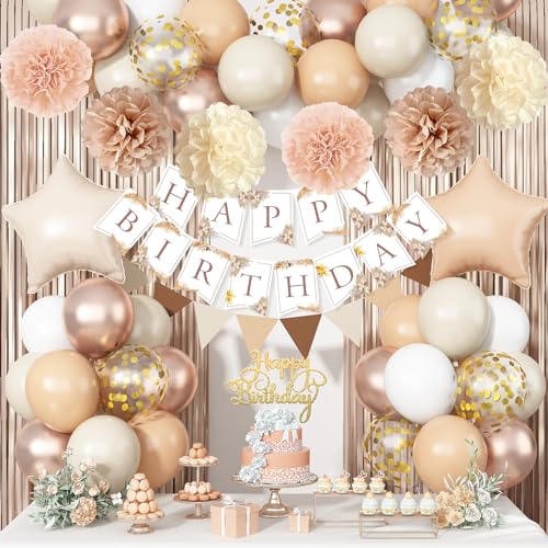 Beige Braun Geburtstagsdekorationen für Frauen, Gold Neutral Creme Sand Weiß Party Ballon Kit mit Boho Happy Birthday Banner Fransen Vorhang Hintergrund Pom Pom Cake Topper für Junge Mädchen Männer von Jobkoo