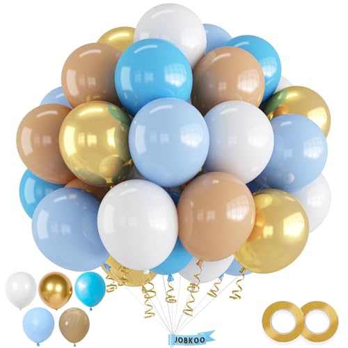 Luftballons Blau Gold, 60 Stück Blau Weiß Beige Luftballons mit Metallic Gold Luftballons, Hellblau Nude Macaron Pastellblau Luftballons für Kinder Junge Geburtstagsdeko, Babyparty Party Deko von Jobkoo