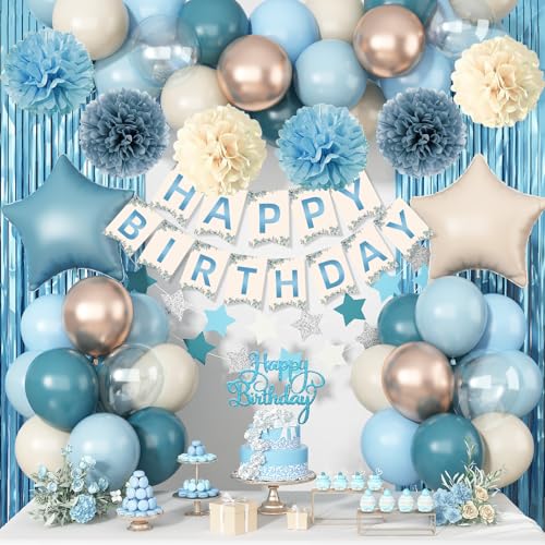 Blaue Geburtstagsdekorationen, Retro Dusty Blue Sand Weiß Gold Party Ballon Kit mit Happy Birthday Banner Fransen Vorhang Hintergrund Pom Poms Kuchen Topper für Baby Jungen Mädchen Frauen Männer Bday von Jobkoo