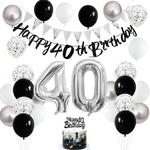 Deko 40 Geburtstag Mann, Schwarz Tortendeko 40 Geburtstag deko Frauen mit Luftballons 40. Geburtstag Banner Schwarz Silber Weiß Party Ballons 40 Geburtstag Dekoration, Geburtstagsdeko 40 Jahre Frau von Jobkoo