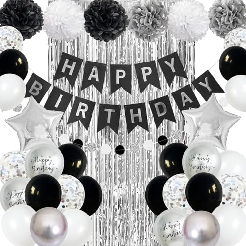 Geburtstagsdeko Schwarz Mann Frauen Deko Geburtstag Schwarz Silber Weiß, Luftballons Geburtstag Schwarze Weiss Happy Birthday Banner Lametta Vorhang Party Deko für Jungen Mädchen Geburtstag Party Deko von Jobkoo