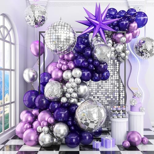 Jobkoo Lila Silber Ballonbogen Kit Disco Dunkel Royal Lila Metallic Chrom Silber Ballon Girlande 4D Discokugel Explosion Stern Helium Ballons für Abschlussfeier Geburtstag Hochzeit Abschlussball Party von Jobkoo