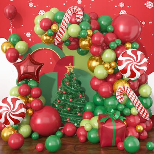 Weihnachten Deko Luftballon Girlande, 123 Stück Rot Weiß Grün Luftballons Weihnachten Mit Großer Stern Zuckerstangen Geschenkbox Windmühle Folienballon, Metallic Gold Ballons für Weihnachtsdeko von Jobkoo