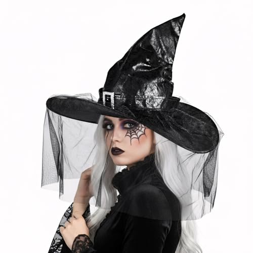 Jococs Halloween Hexe Zauberer Hut Schwarz Leder Kostüm mit Tüll Netz Stoff Dekoration Jococs Halloween Hexe Zauberer Hut Schwarz Leder Kostüm mit Tüll Netz Stoff Dekoration von Jococs