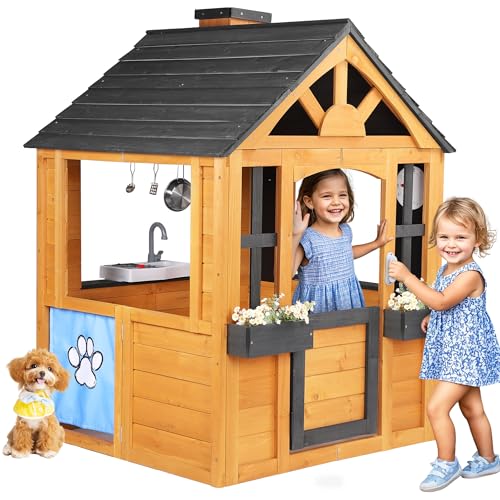 Jocoevol Kinder-Spielhaus aus Zedernholz, Kinderspielhaus mit Spielküche, Haustiertür, Spüle, Herd, Kochgeschirr, Fenster, Blumentopfhalter, Klingeltürklingel, Hüttenspielhaus für Hinterhof Jocoevol Kinder-Spielhaus aus Zedernholz, Kinderspielhaus mit Spielküche, Haustiertür, Spüle, Herd, Kochgeschirr, Fenster, Blumentopfhalter, Klingeltürklingel, Hüttenspielhaus für Hinterhof von Jocoevol