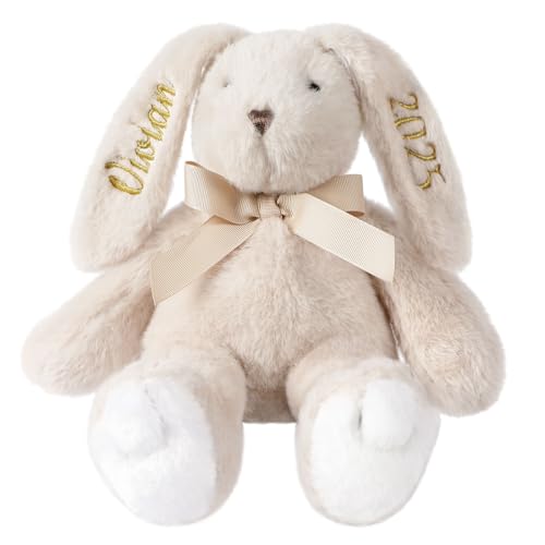 Jodimitty Hase Personalisiertes Kuscheltier 21-31cm Weich Süß Hase Plüschtier Baby Geschenk, gestickten Text auf Ohren, Geschenkidee zur Geburt Geburtstag Ostern Weihnachten (Beige) von Jodimitty