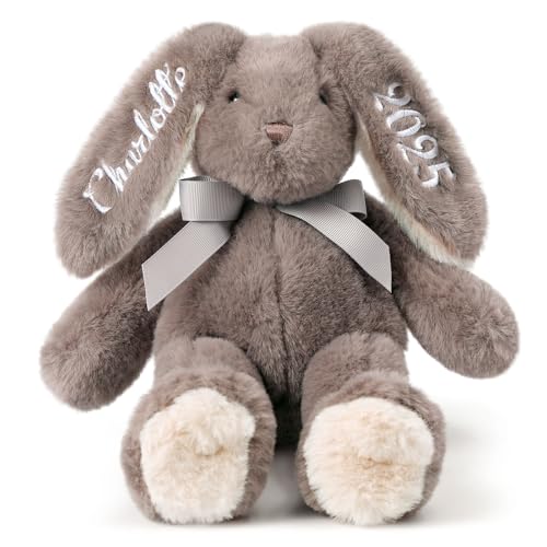 Jodimitty Hase Personalisiertes Kuscheltier 21-31cm Weich Süß Hase Plüschtier Baby Geschenk, gestickten Text auf Ohren, Geschenkidee zur Geburt Geburtstag Ostern Weihnachten (Braun) von Jodimitty