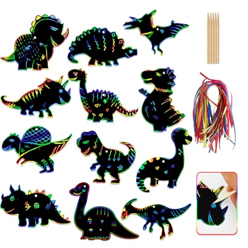 12 Stück Dinosaurier Kratzbilder für Kinder,Tier Kratzpapier Scratch Art mit Holzstiften und Bändern,Personalisiert Magie Scratch Papier Lesezeichen Dinosaurier Ornament für Kinder Spiele Zubehör (A) von Jodsen