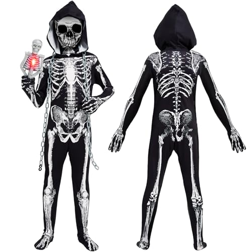 Joellfuner 3D Skelett Anzug für Kinder Mit Kapuze, Laterne, Grim Reaper Kostüm Mit Maske und Ketten, Overall für Jungen - Halloween Cosplay Faschings (110) von Joellfuner